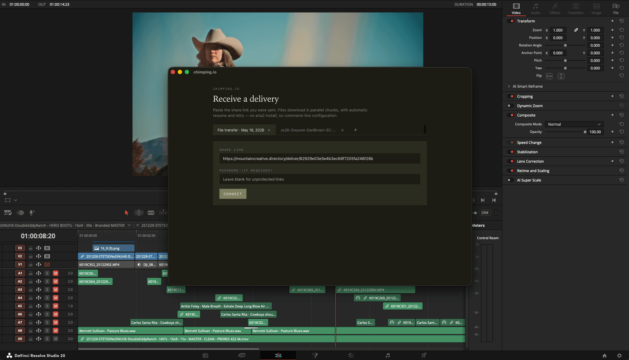 chimping.io desktop app: Receive a delivery panel sitting on top of a DaVinci Resolve session