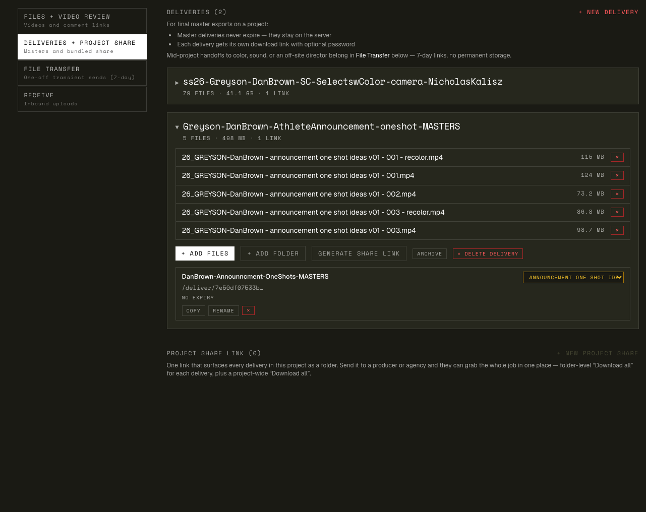 A master delivery page showing the project's final files in nested folders.