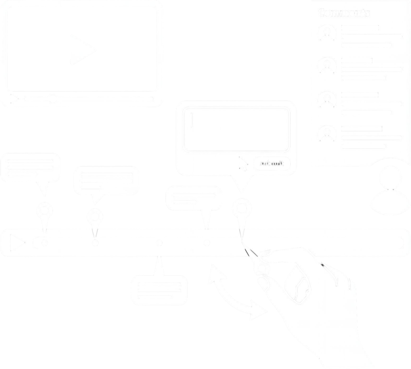 Vector line-art of a private review link going to a client who leaves frame-accurate comments — chimping.io video review flow.