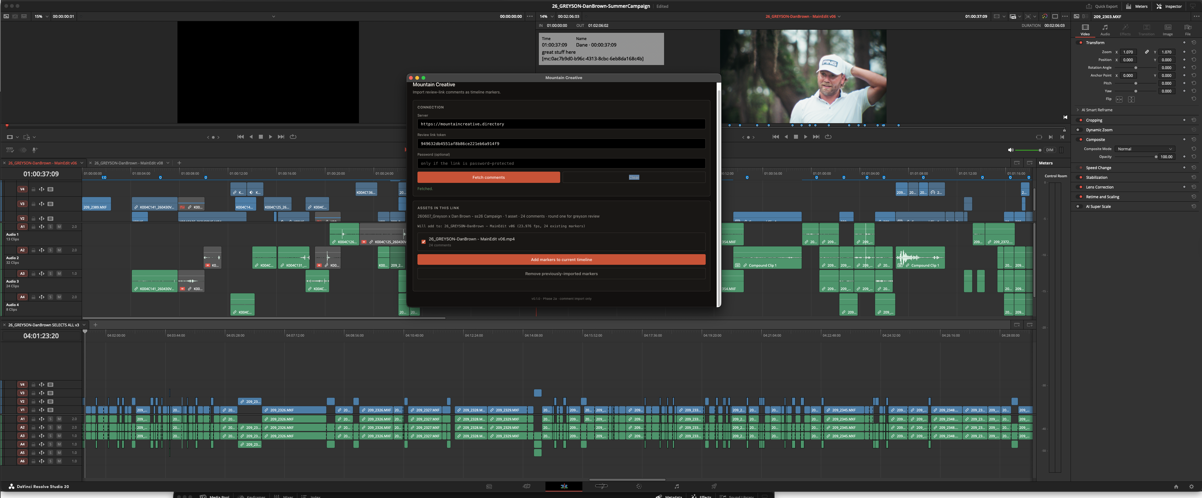 The chimping.io Resolve integration: comments as timeline markers, render and upload from one panel.